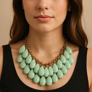 Teardrop statement necklace Mint Green Goldtone chain 24”